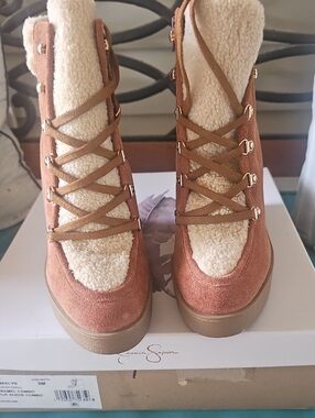 Jessica Simpson Tan Suede Lace-Up Ankle Boots with Cream Faux Shearling